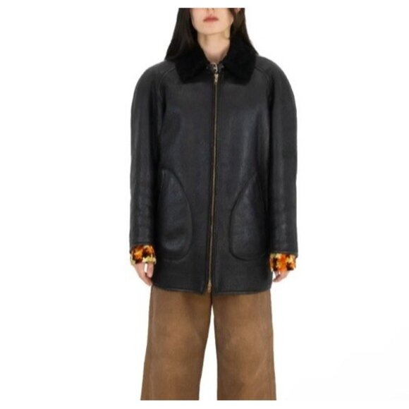 KENZO Women’s Genuine Leather SHEARLING LEATHER JACKET Coat Black Small EU 38 - Picture 1 of 10